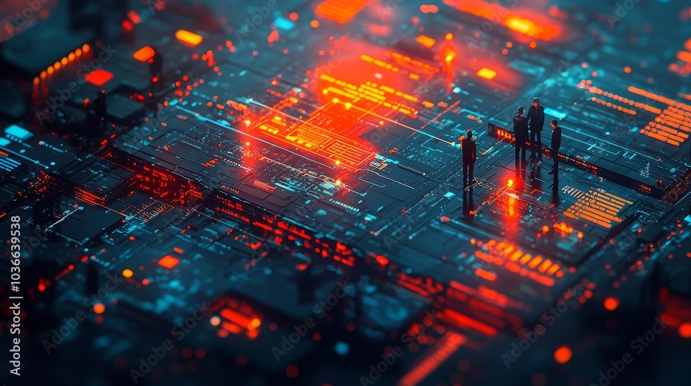 Futuristic digital landscape exploring the intersection of technology and human interaction in a neon-infused world Futuristic digital landscape exploring the intersection of technology and human interaction in a neon-infused world