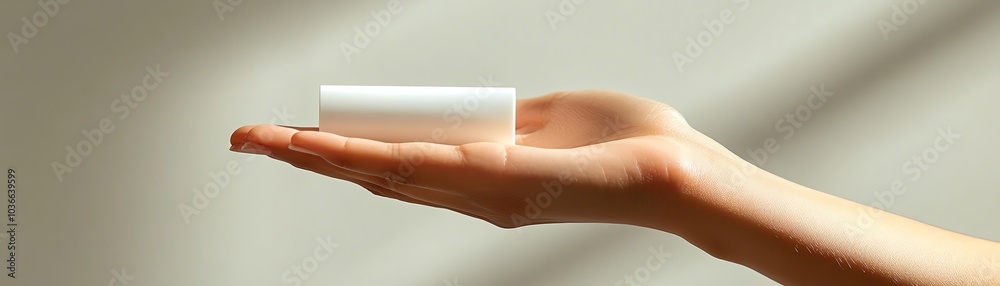 Closeup of a hand holding a sleek white lotion tube, minimalistic background Closeup of a hand holding a sleek white lotion tube, minimalistic background
