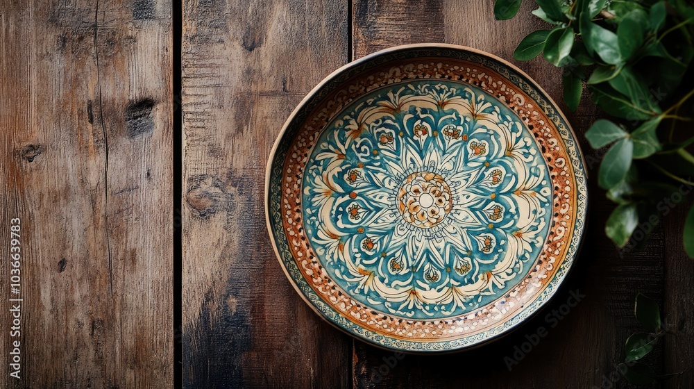 An overhead view of a stunning ceramic plate with an intricate design on a weathered wooden table, capturing timeless elegance An overhead view of a stunning ceramic plate with an intricate design on a weathered wooden table, capturing timeless elegance