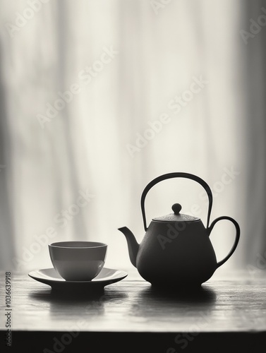 A tea kettle and cup rest quietly on a table, illuminated by soft natural light filtering through sheer curtains, inviting relaxation. Generative AI