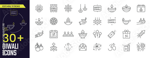 Diwali Stroke icon collections. Containing Diwali festival, candle, lantern, diwali, oil lamp, lamp, hand, diwali lamp, sail, calendar, chakra and more icons. Editable Stroke icon collection.