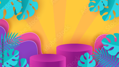 3D geometric podium mockup with tropical leaves in a vibrant summer theme. The composition features cylindrical platforms in shades of purple and pink, surrounded by blue and turquoise monstera and pa