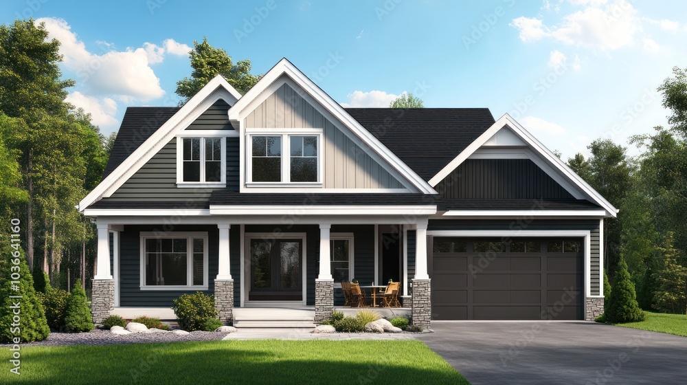 Modern two-story home with a garage, front porch, and landscaping.