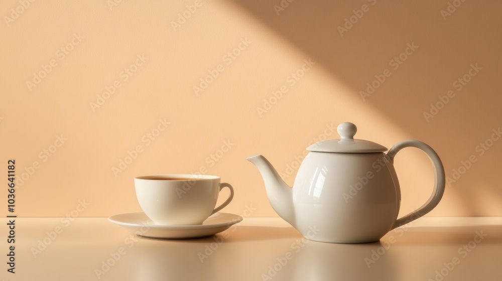 A teapot and matching cup sit elegantly on a table, bathed in warm morning sunlight, creating a tranquil atmosphere for tea time. Generative AI A teapot and matching cup sit elegantly on a table, bathed in warm morning sunlight, creating a tranquil atmosphere for tea time. Generative AI