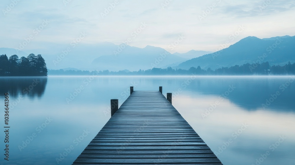 Fototapeta premium Blue hour over a calm lake, with a wooden pier stretching out into the water