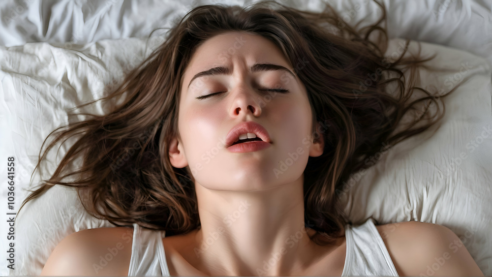 Close-up of a woman's face during an orgasm in bed. Background with selective focus Close-up of a woman's face during an orgasm in bed. Background with selective focus