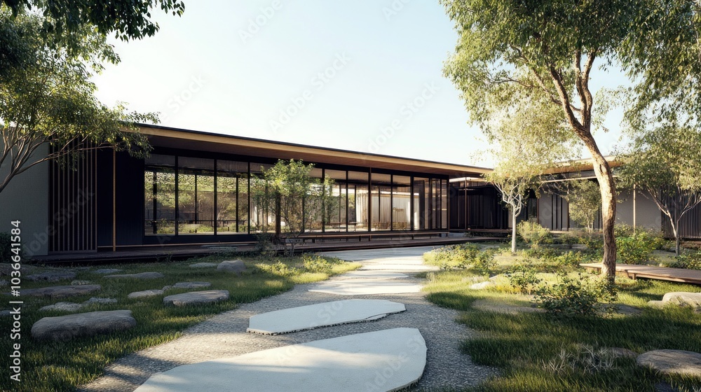 Modern house with large windows overlooking a stone path in a lush green garden. Modern house with large windows overlooking a stone path in a lush green garden.