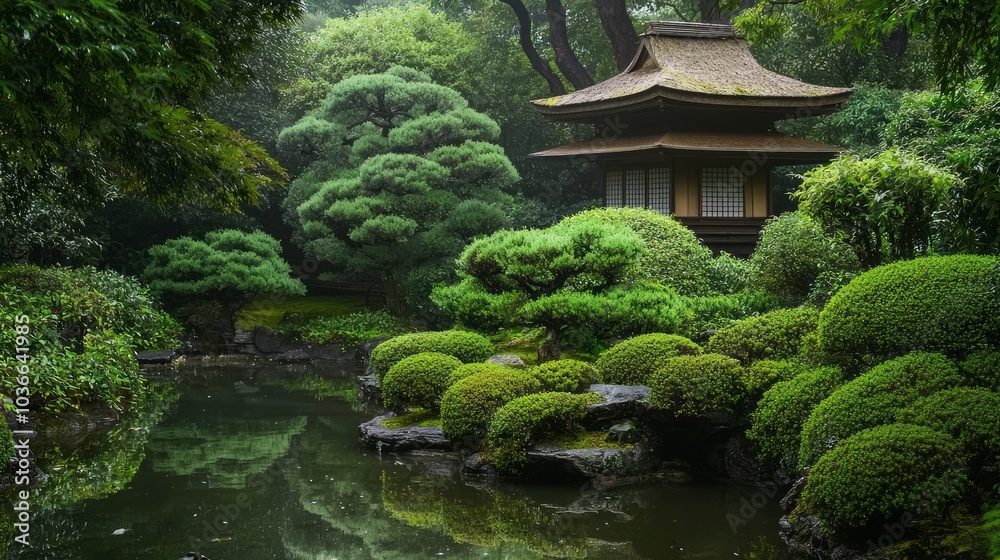 Fototapeta premium Tranquil Ancient Japanese Tea House in Serene Garden with Koi Ponds and Bonsai Trees - Ultra-Detailed Landscape Photography