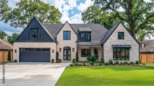 A modern farmhouse style home with a black roof, white brick exterior, and a large driveway.