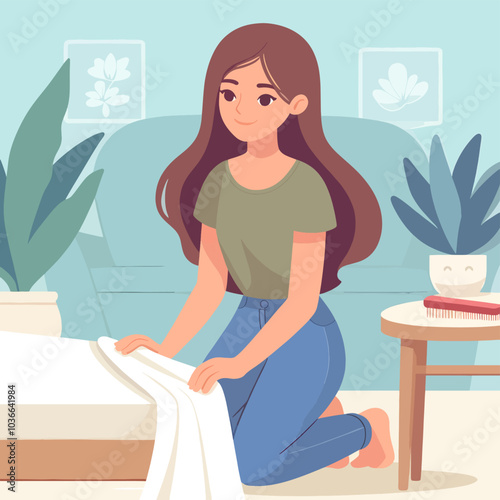 woman is sitting on the floor and folding a white sheet