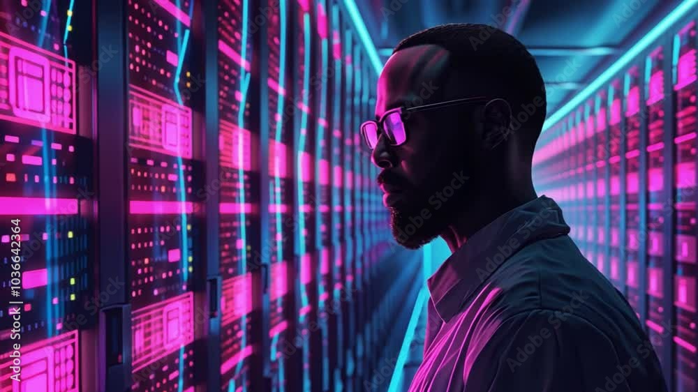 An individual stands in a futuristic data center, engaging with illuminated server racks. The atmosphere is filled with neon lights reflecting the complexity of modern technology. An individual stands in a futuristic data center, engaging with illuminated server racks. The atmosphere is filled with neon lights reflecting the complexity of modern technology.