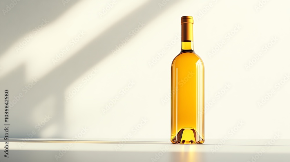 Golden wine bottle with soft shadows, elegantly displayed against a light background, perfect for marketing and advertising. Golden wine bottle with soft shadows, elegantly displayed against a light background, perfect for marketing and advertising.