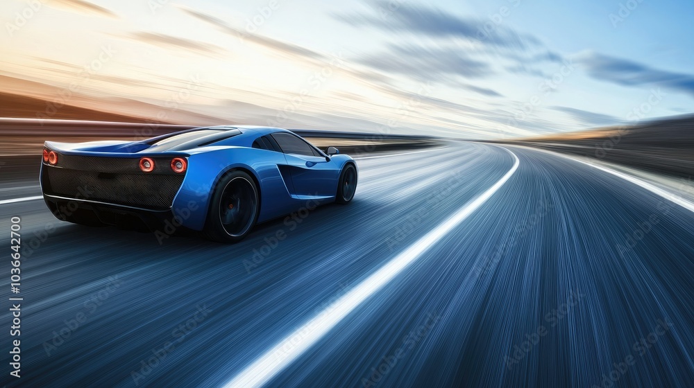 Fototapeta premium Blue sports car speeding down an empty highway with a blur effect