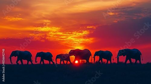 A herd of elephants silhouetted against a vibrant African sunset, walking towards the horizon