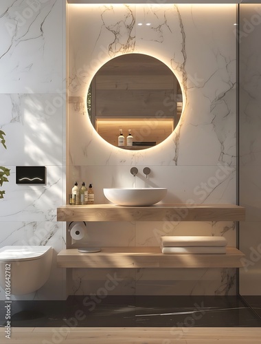 Light wood and white marble blend beautifully with the black floor tiles in this ultra-realistic modern bathroom
