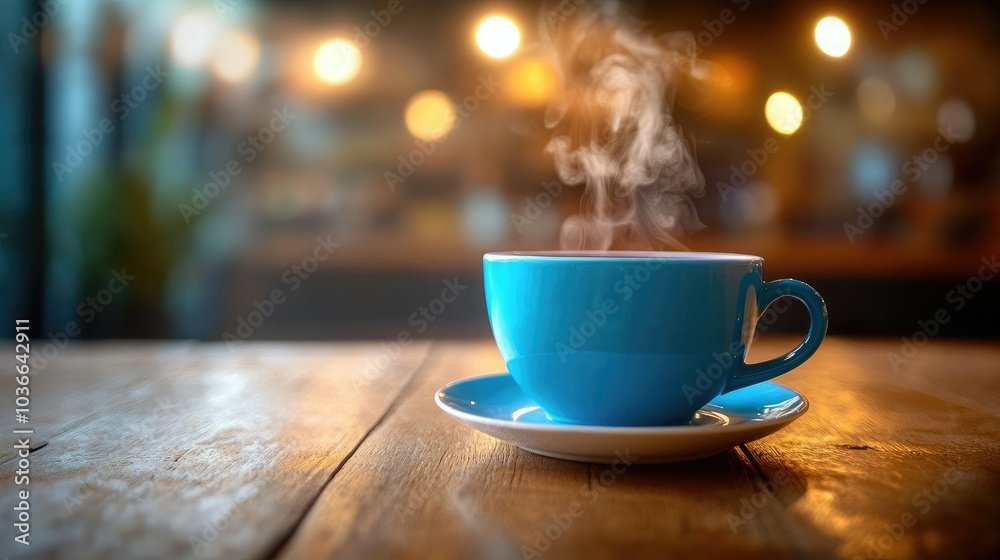 Obraz premium Blue teacup with steam rising on a wooden table with a blurred background