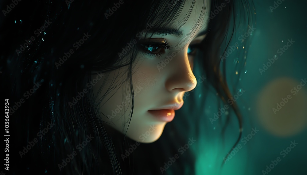 A close-up portrait showcasing the serene beauty of a woman with dark hair, illuminated by soft, ethereal lighting. A close-up portrait showcasing the serene beauty of a woman with dark hair, illuminated by soft, ethereal lighting.