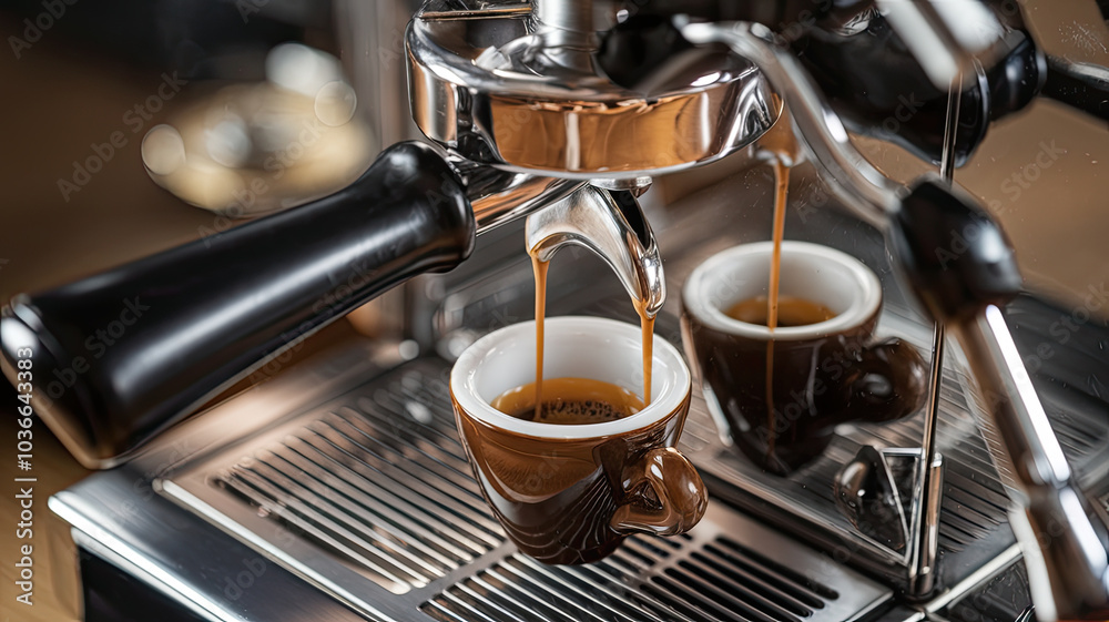 high angle shot of espresso machine brewing coffee, showcasing rich espresso high angle shot of espresso machine brewing coffee, showcasing rich espresso