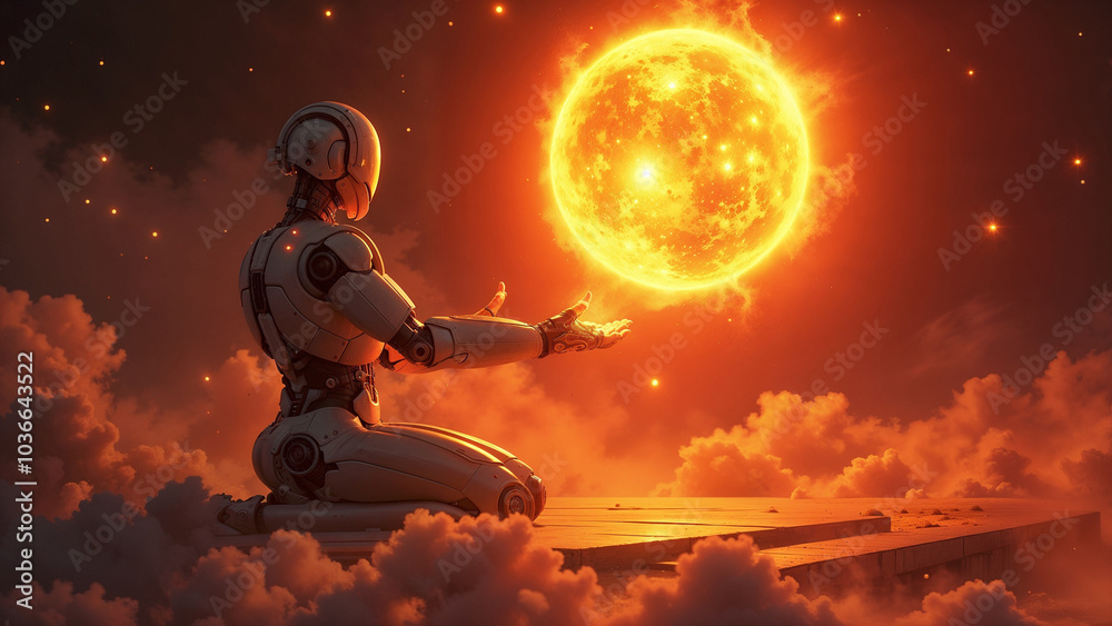 Naklejka premium Solar energy in the hands of a robot. Concept of the future.