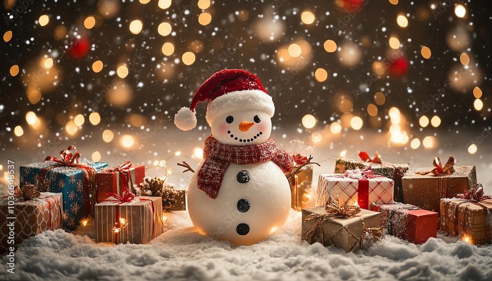 A cheerful snowman wearing a red hat and scarf stands among colorful gifts, surrounded by a festive, snowy background. A cheerful snowman wearing a red hat and scarf stands among colorful gifts, surrounded by a festive, snowy background.