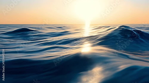 Sunset in the sea, Ocean waves at sunset, golden hour reflections, serene seascape, rolling water surface, shimmering light on water, tranquil ocean scene, soft blue tones