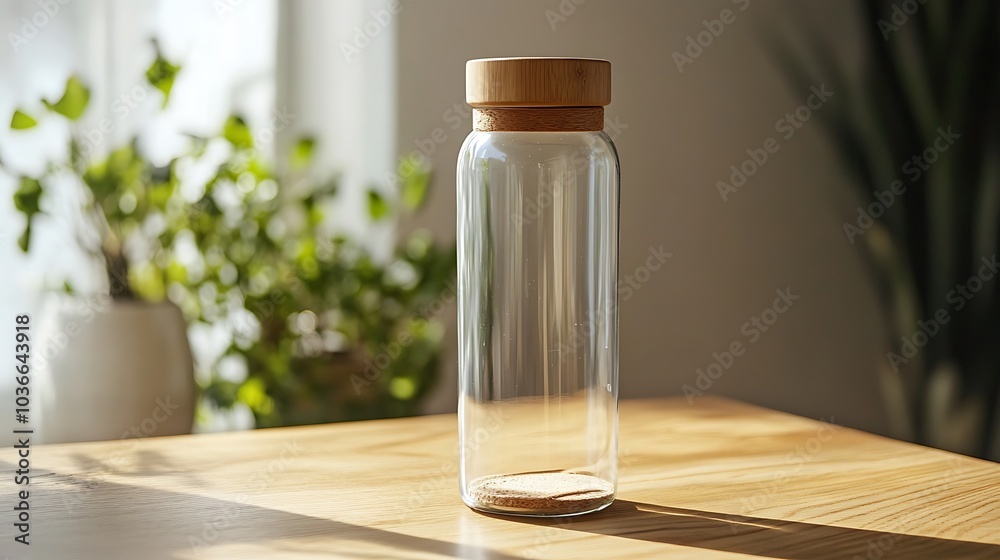 Glass Water Bottle with Wooden Lid on Wooden Table Glass Water Bottle with Wooden Lid on Wooden Table