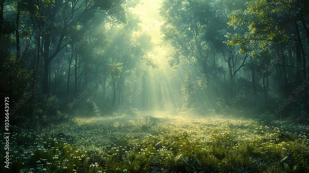 Obraz premium Enchanted Forest: Sunbeams Through Mist and Trees