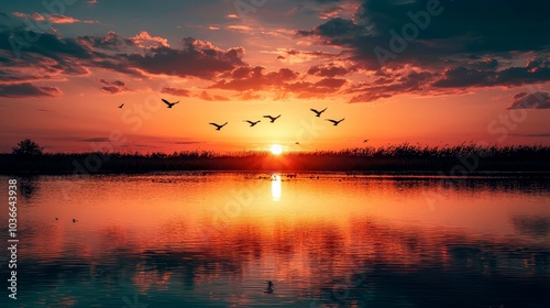 A flock of birds fly over a still lake at sunset, with the sun reflecting off the water.