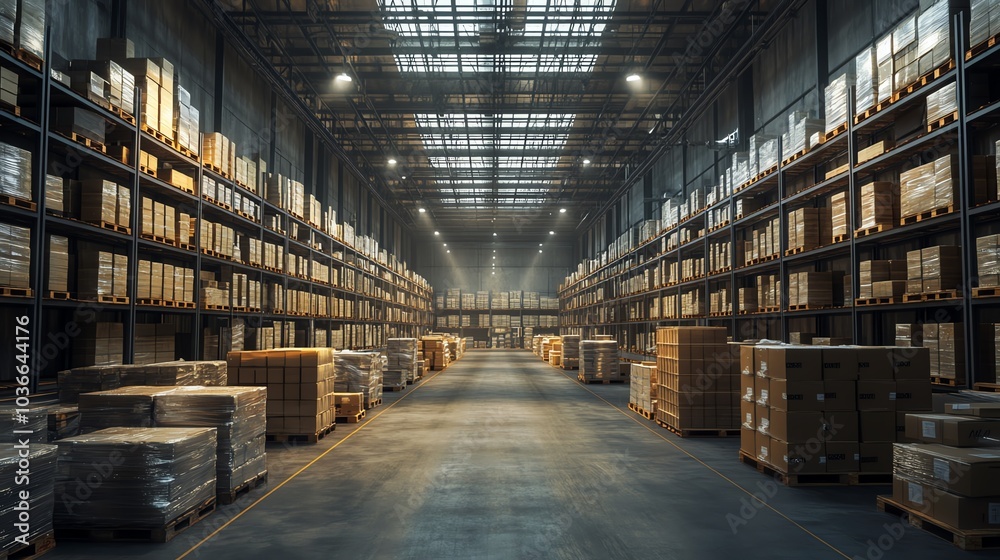 A spacious warehouse filled with neatly organized shelves and stacks of pallets, illuminated by overhead lighting. A spacious warehouse filled with neatly organized shelves and stacks of pallets, illuminated by overhead lighting.