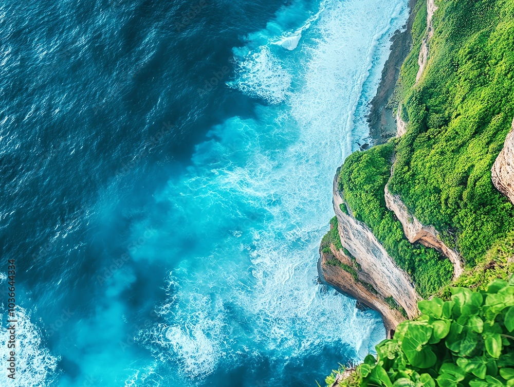 Aerial view of stunning coastal cliff with vibrant blue ocean and lush greenery. Aerial view of stunning coastal cliff with vibrant blue ocean and lush greenery.