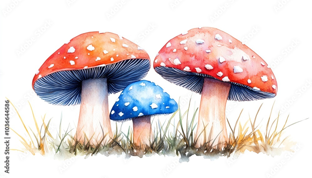 Obraz premium Colorful watercolor mushrooms in a grassy field, showcasing vibrant red and blue caps with white spots, perfect for nature themes.