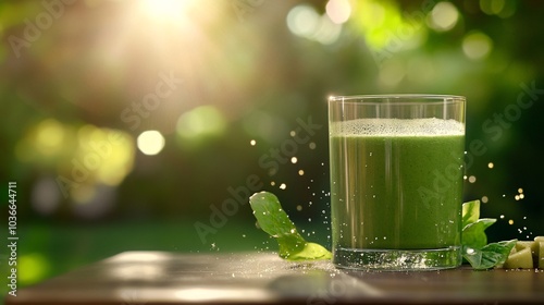 A Refreshing Green Juice in a Serene Garden photo