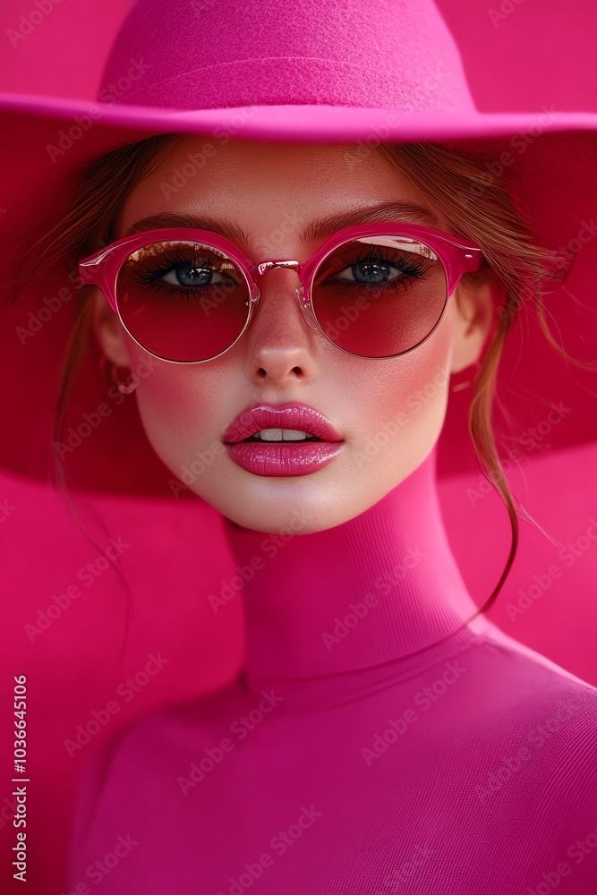 Fashionable model in vibrant pink attire, showcasing bold sunglasses and striking makeup for a stunning visual impact. Fashionable model in vibrant pink attire, showcasing bold sunglasses and striking makeup for a stunning visual impact.