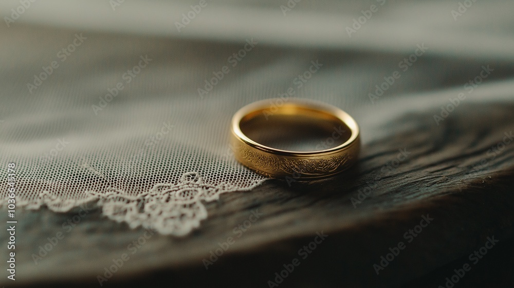 Golden Band on Rustic Wood: A close-up shot of a simple, elegant gold wedding band resting on weathered wood, partially draped with delicate lace. The image evokes feelings of intimacy, commitment. Golden Band on Rustic Wood: A close-up shot of a simple, elegant gold wedding band resting on weathered wood, partially draped with delicate lace. The image evokes feelings of intimacy, commitment.