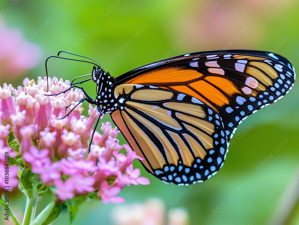 Naklejka premium Colorful butterfly perched on pink flower, vibrant nature scene.