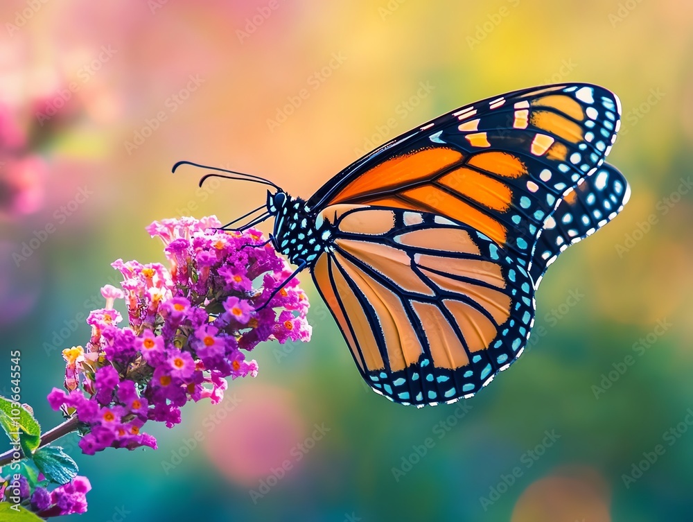 Fototapeta premium Butterfly on vibrant pink flower with soft focus background.