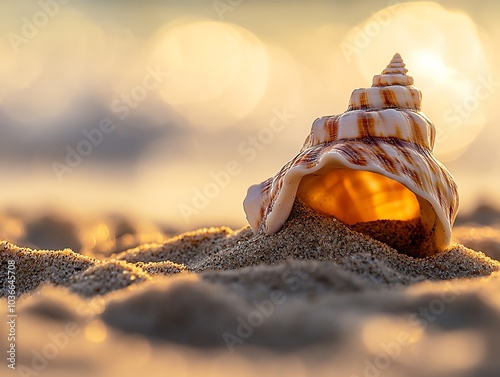 Seashell on sandy beach at sunset with golden light and bokeh effect. photo