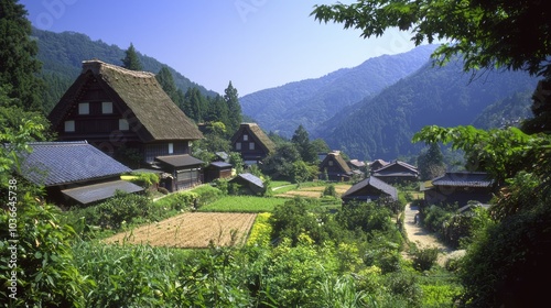 Tranquil Japanese Countryside: Thatched-Roof Farmhouse Amidst Rolling Hills and Majestic Mountains Under Clear Blue Skies