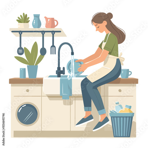 woman is washing dishes in a kitchen sink