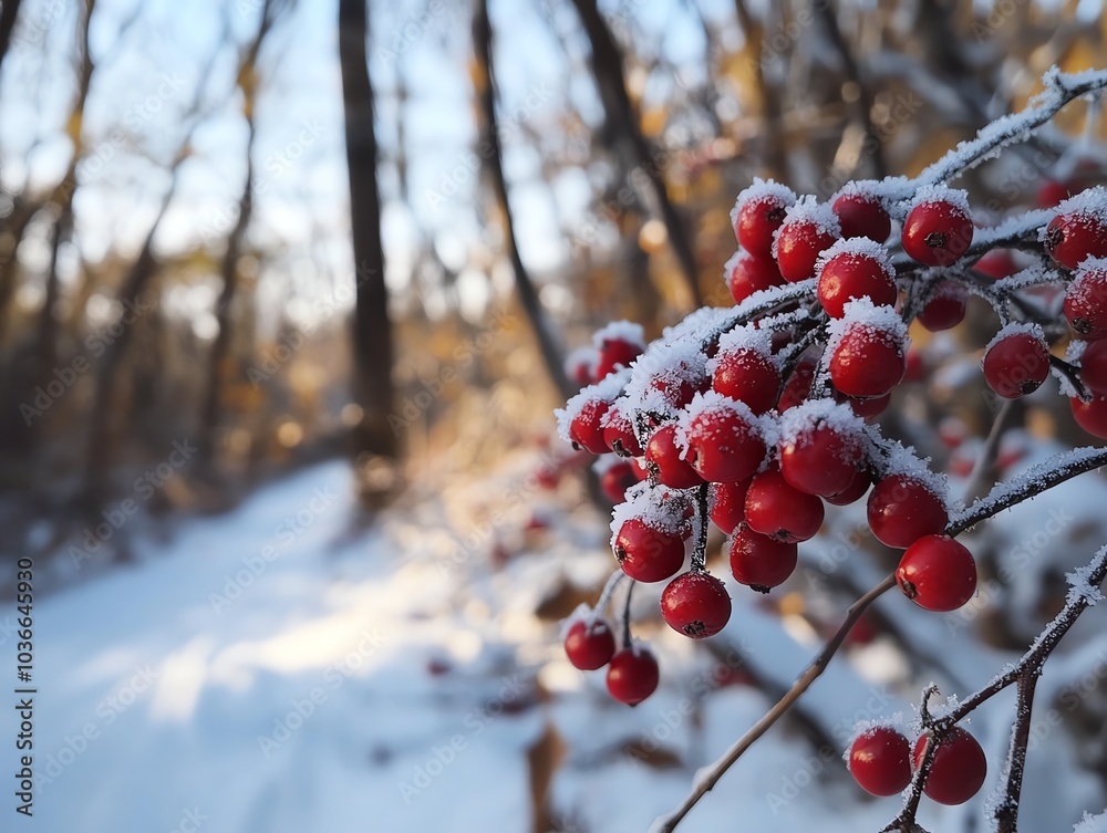 Frosted red berries in winter forest, scenic natural backdrop Frosted red berries in winter forest, scenic natural backdrop