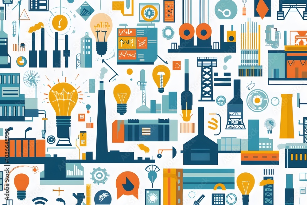 Abstract illustration of industrial factory buildings with lightbulbs representing ideas