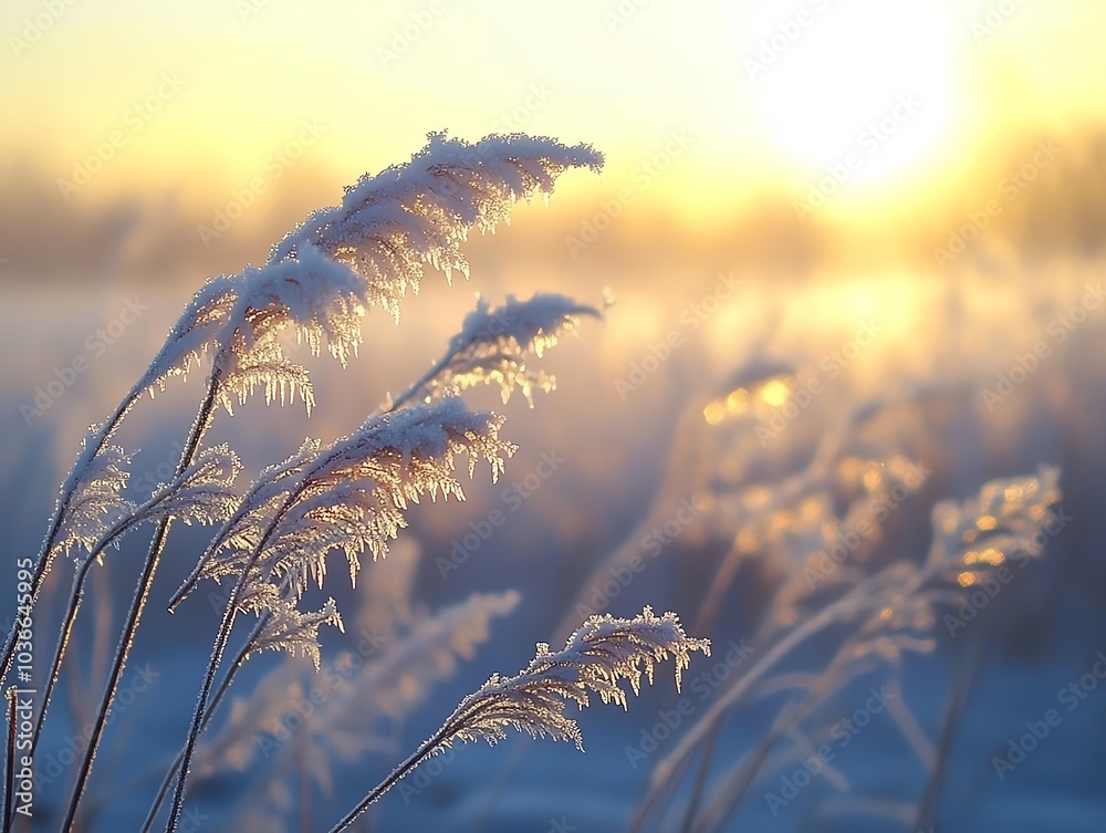 Obraz premium Frost-covered grass illuminated by sunrise, creating a serene winter landscape.