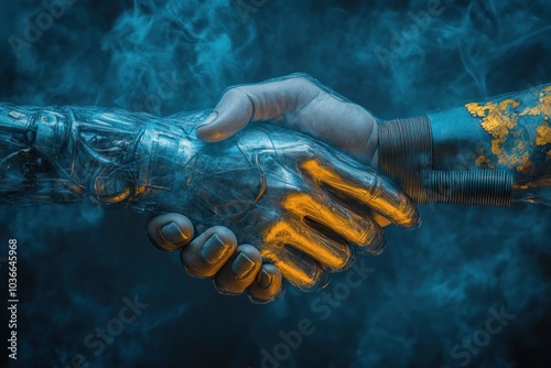 Two cybernetic limbs connected in smoky handshake scene photo