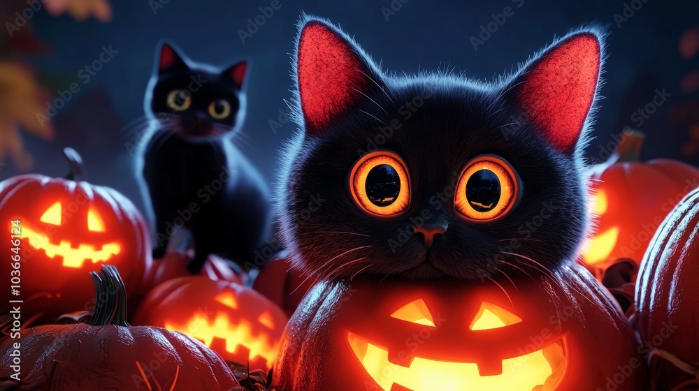 Fototapeta premium Playful Black Cats and Pumpkin Scene for Halloween
