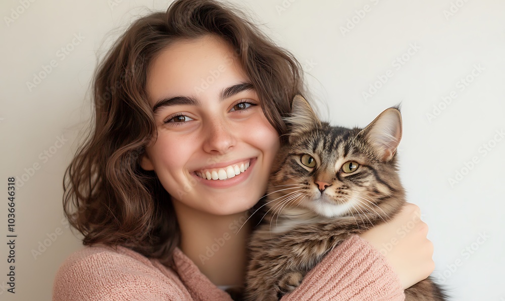 beautiful smiling brunette woman holds your tabby cat in her hands isolated, Generative AI beautiful smiling brunette woman holds your tabby cat in her hands isolated, Generative AI