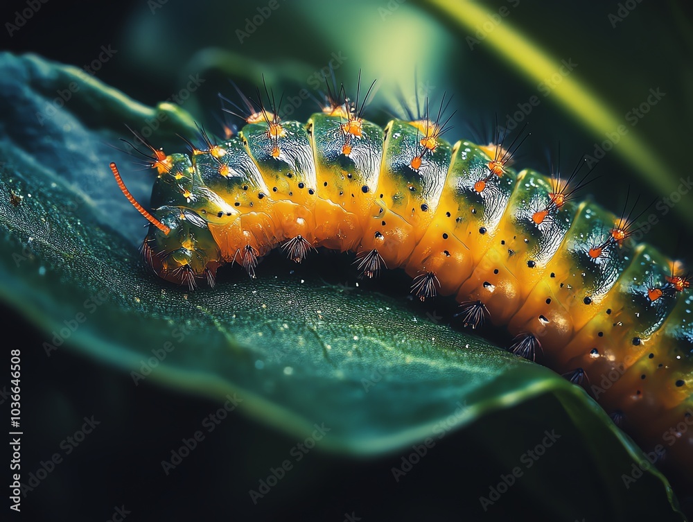 Naklejka premium Vibrant caterpillar on green leaf, displaying colorful patterns and textures.