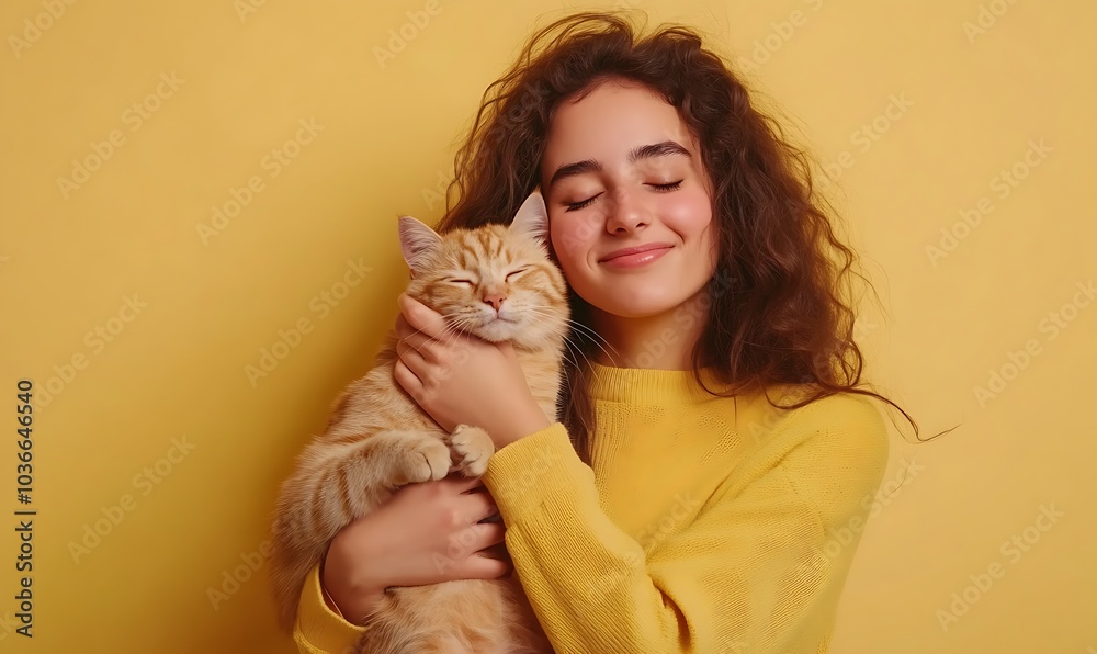 beautiful smiling brunette woman holds your tabby cat in her hands isolated, Generative AI beautiful smiling brunette woman holds your tabby cat in her hands isolated, Generative AI