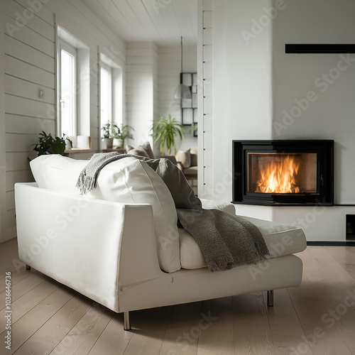 A modern living room in scandinavian style with a fireplace, a large sofa, and a wooden coffee table. The room has a neutral color scheme with warm lighting