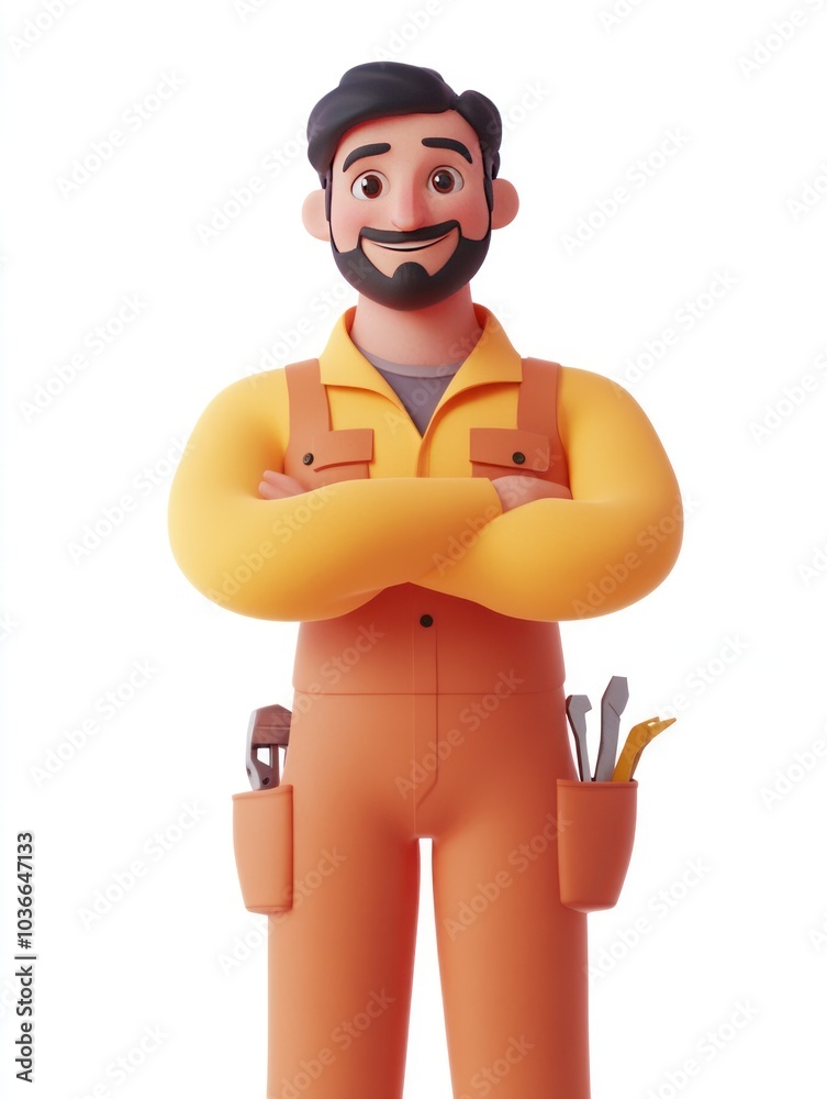 A friendly cartoon character in work attire, showcasing tools and a confident smile. A friendly cartoon character in work attire, showcasing tools and a confident smile.