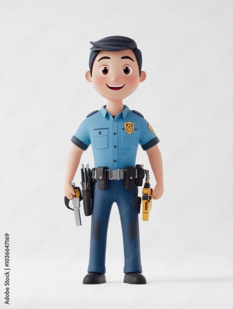 A cartoon police officer character standing with a friendly smile and holding tools. A cartoon police officer character standing with a friendly smile and holding tools.